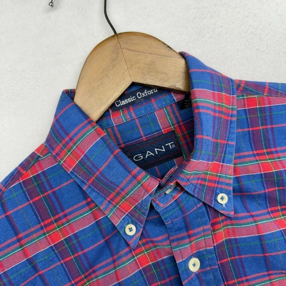 Vintage Gant Oxford Shirt men's medium Blue Red Plaid OCBD Thick Preppy Classic